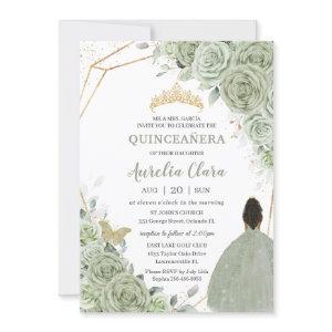 Sage Green Floral Brown Princess Gold Quinceañera
