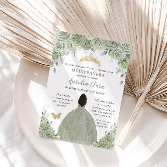 Sage Green Floral Brown Princess Gold Quinceañera