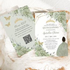 Sage Green Floral Brown Princess Quinceañera QR