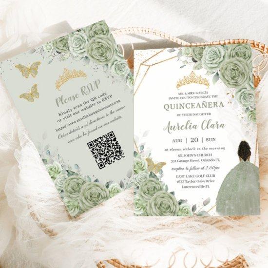 Sage Green Floral Brown Princess Quinceañera QR