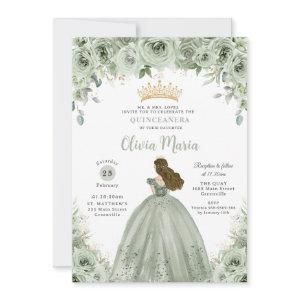 Sage Green Floral Brunette Princess Quinceañera