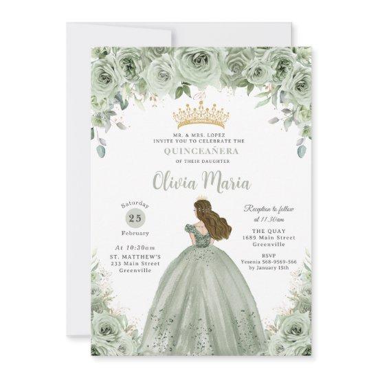 Sage Green Floral Brunette Princess Quinceañera