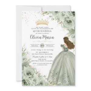 Sage Green Floral Brunette Princess Quinceañera
