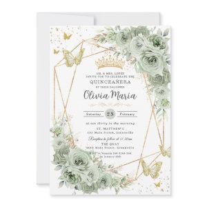 Sage Green Floral Butterflies Gold Quinceañera