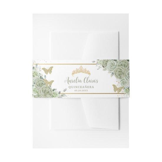 Sage Green Floral Butterflies Gold Quinceanera  Belly Band