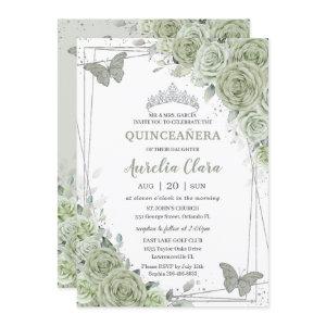 Sage Green Floral Butterflies Silver Quinceañera