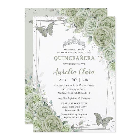 Sage Green Floral Butterflies Silver Quinceañera