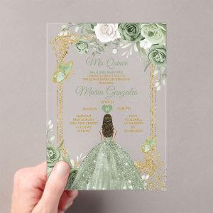 Sage Green Floral Butterfly Gold Frame Mis Quince Acrylic
