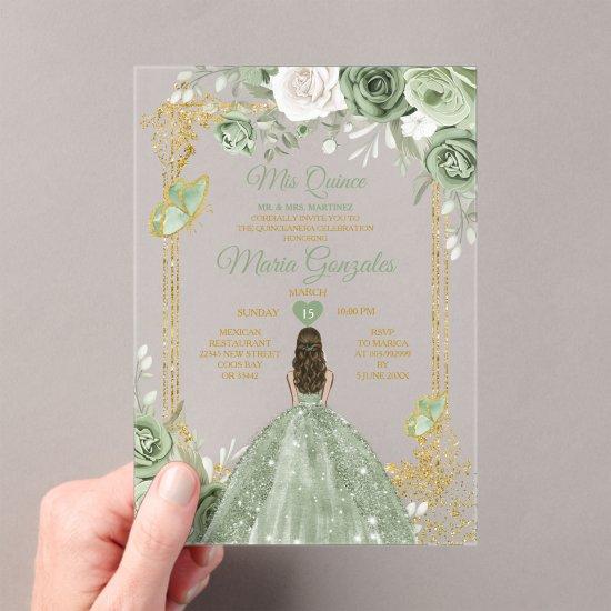 Sage Green Floral Butterfly Gold Frame Mis Quince Acrylic