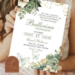 Sage Green Floral Butterfly Quinceanera