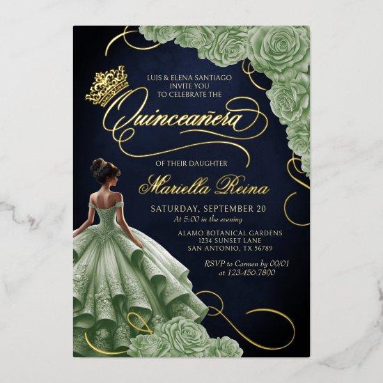 Sage Green Floral Dress Quinceañera Foil