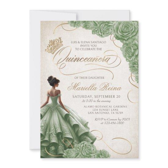 Sage Green Floral Dress Quinceañera
