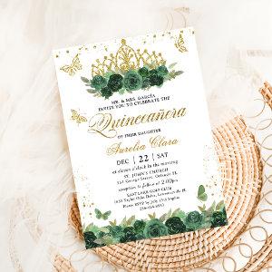 Sage Green Floral Gold Butterflies Quinceañera