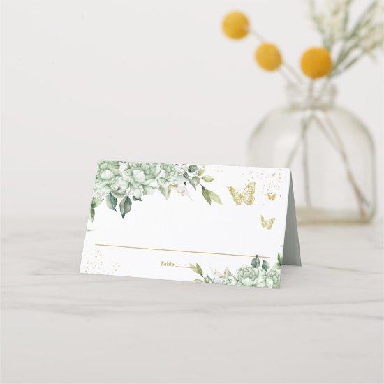 Sage Green Floral Gold Butterflies Quinceañera Place Card