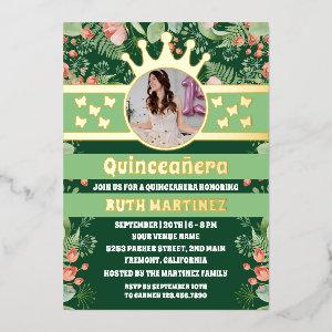 Sage Green Floral Gold Butterfly Quinceanera Photo Foil