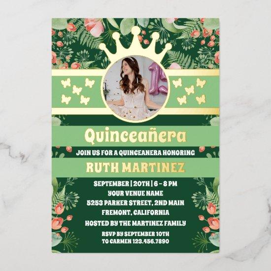 Sage Green Floral Gold Butterfly Quinceanera Photo Foil