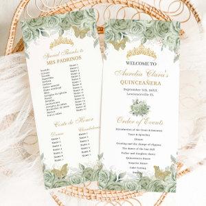 Sage Green Floral Gold Quinceañera Order of Events Program