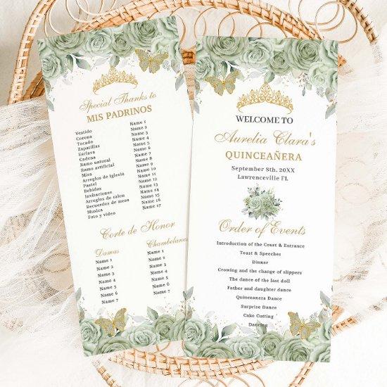 Sage Green Floral Gold Quinceañera Order of Events Program