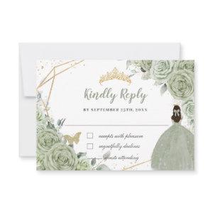 Sage Green Floral Gold Quinceañera Princess Dress RSVP Card