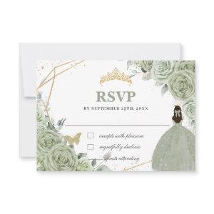 Sage Green Floral Gold Quinceañera Princess Gown RSVP Card