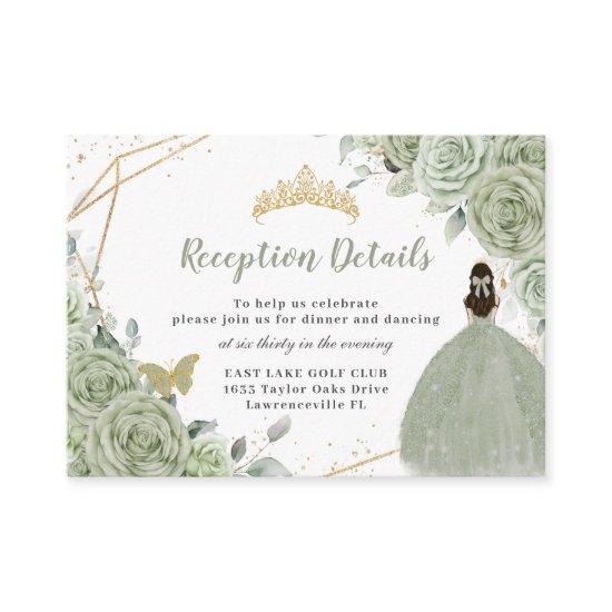 Sage Green Floral Gold Quinceañera Reception Enclosure Card