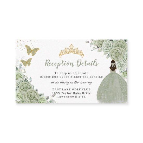 Sage Green Floral Gold Quinceañera Reception Enclosure Card