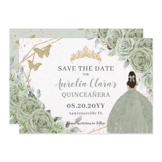 Sage Green Floral Gold Quinceanera Sweet Sixteen Save The Date