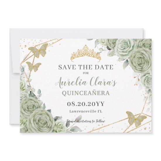 Sage Green Floral Gold Quinceanera Sweet Sixteen Save The Date