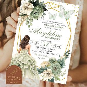 Sage Green Floral Mexican Princess Quinceanera