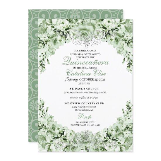 Sage Green Floral Quinceanera Birthday