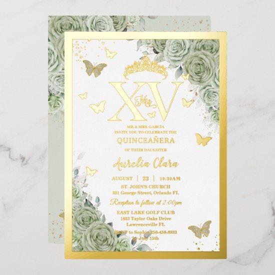 Sage Green Floral Quinceañera Butterflies XV Gold Foil