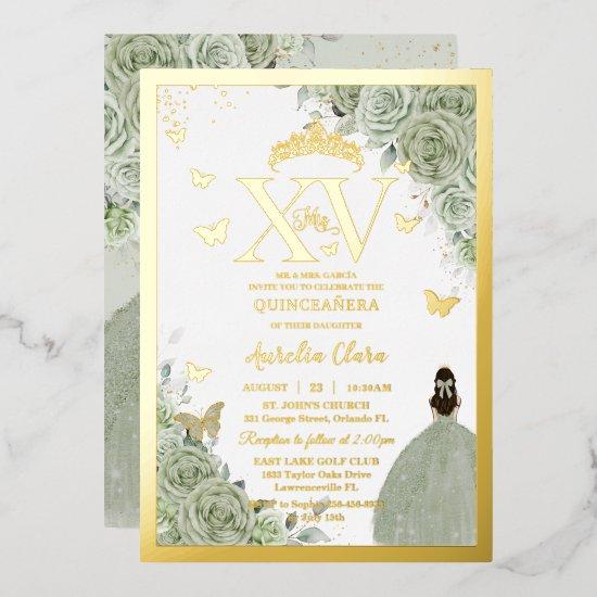 Sage Green Floral Quinceañera Quince 15 XV Gold Foil