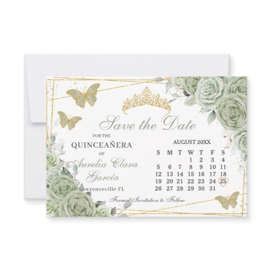 Sage Green Floral Quinceanera Sweet 16 Calendar Save The Date