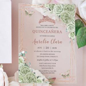 Sage Green Floral Rose Gold Quinceañera Birthday Acrylic