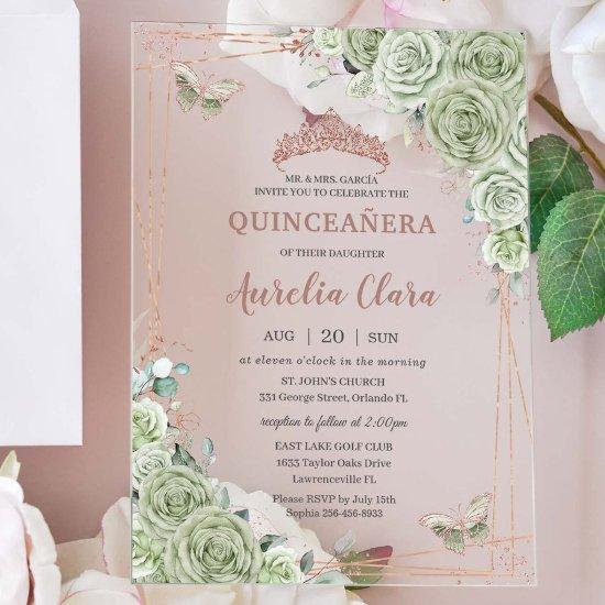 Sage Green Floral Rose Gold Quinceañera Birthday Acrylic
