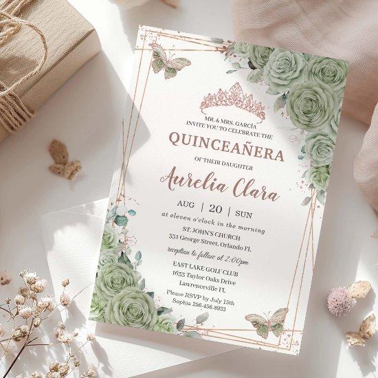 Sage Green Floral Rose Gold Quinceañera Birthday