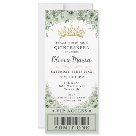 Sage Green Floral Rose Gold Quinceañera VIP Ticket