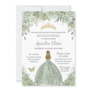 Sage Green Floral Roses Blonde Girl Quinceañera
