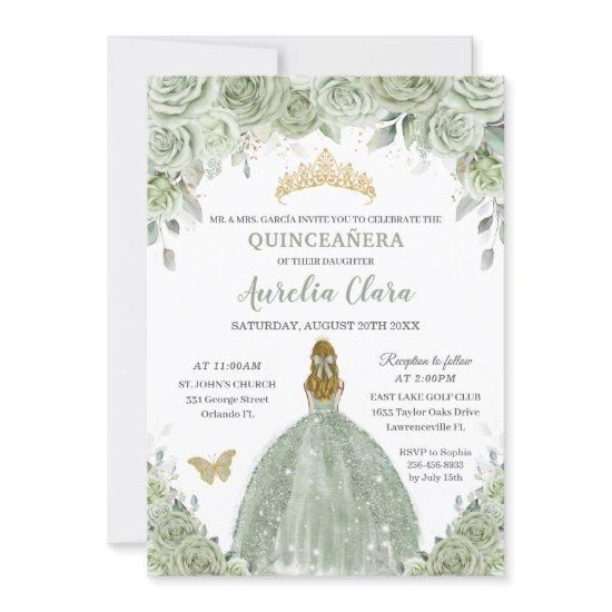 Sage Green Floral Roses Blonde Girl Quinceañera