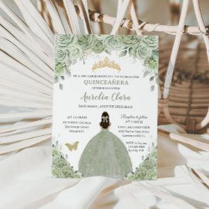 Sage Green Floral Roses Princess Gold Quinceañera