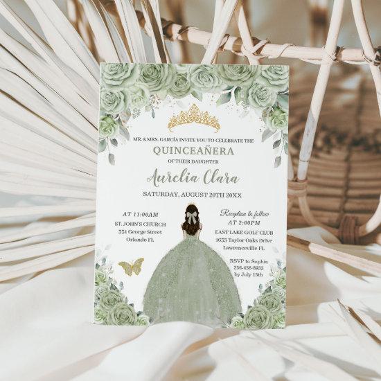 Sage Green Floral Roses Princess Gold Quinceañera