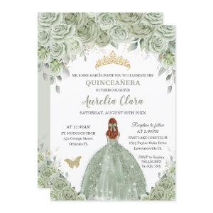 Sage Green Floral Roses Red Hair Girl Quinceañera