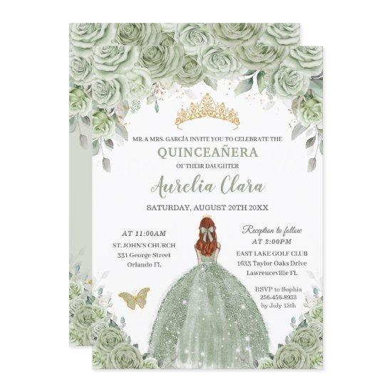 Sage Green Floral Roses Red Hair Girl Quinceañera