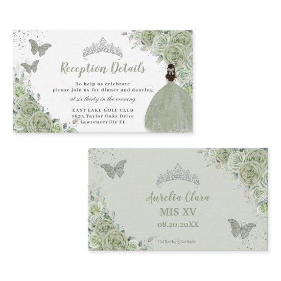 Sage Green Floral Silver Quinceañera Reception Enclosure Card