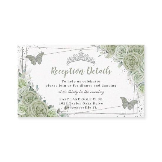 Sage Green Floral Silver Quinceañera Reception Enclosure Card