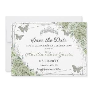 Sage Green Floral Silver Quinceanera Sweet Sixteen Save The Date