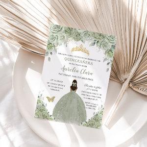 Sage Green Floral Tan Brown Princess Quinceañera