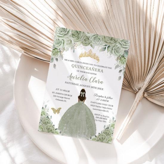 Sage Green Floral Tan Brown Princess Quinceañera