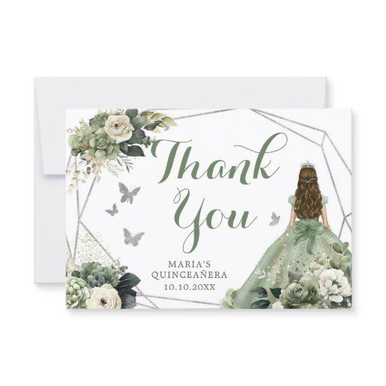 Sage Green Geometric Floral Princess Quinceañera Thank You Card