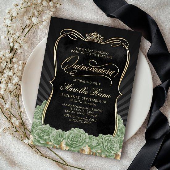 Sage Green Gold Black Quinceañera